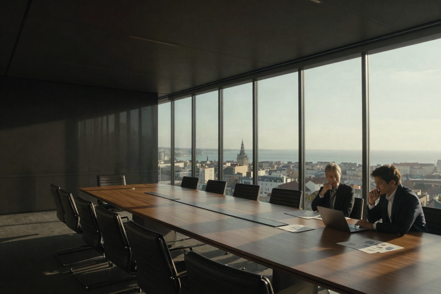Consultants considering business strategy in a sunlit boardroom overlooking the city